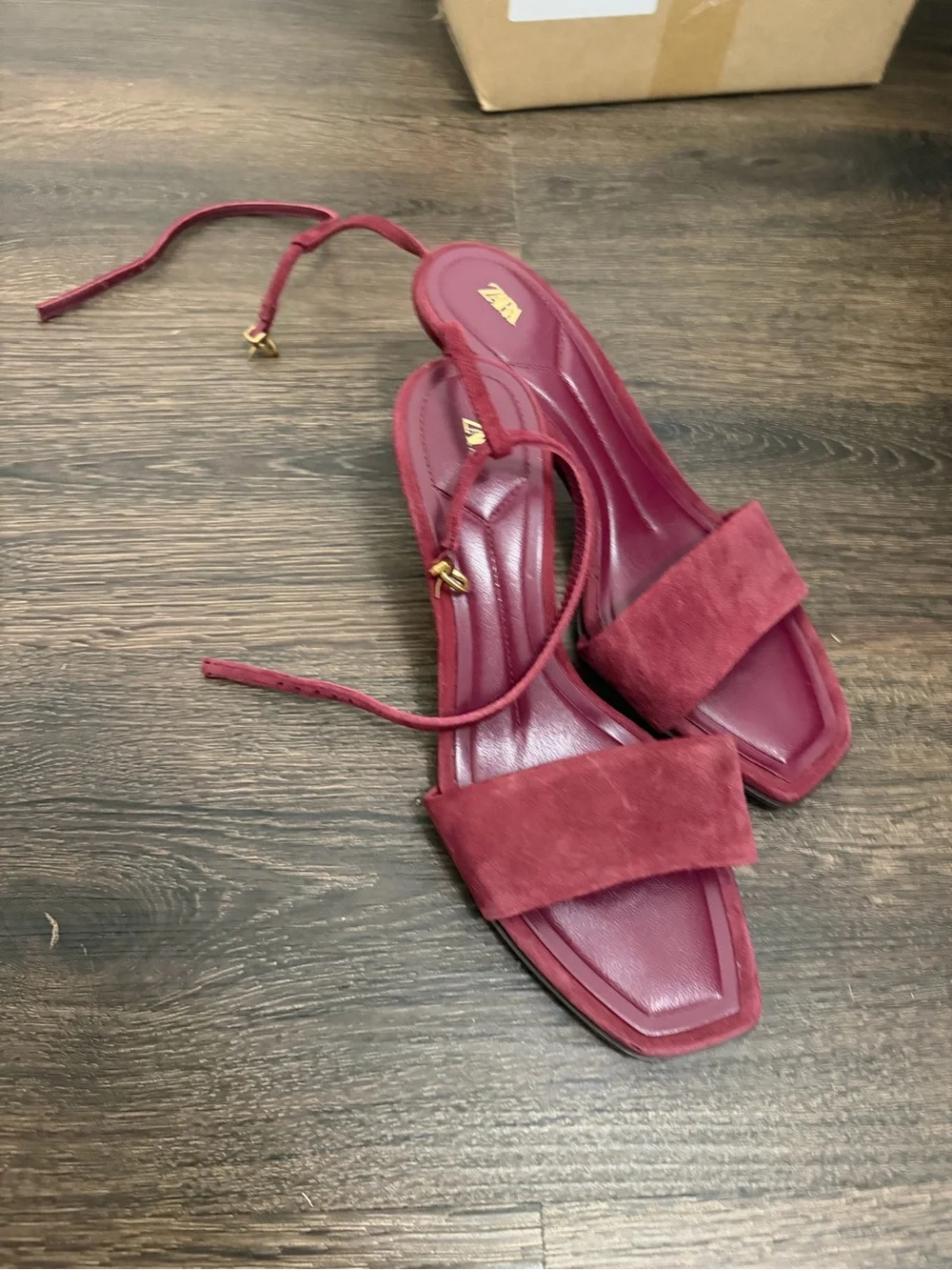 Zara Deep Red Suede Square-Toe Tie Sandals